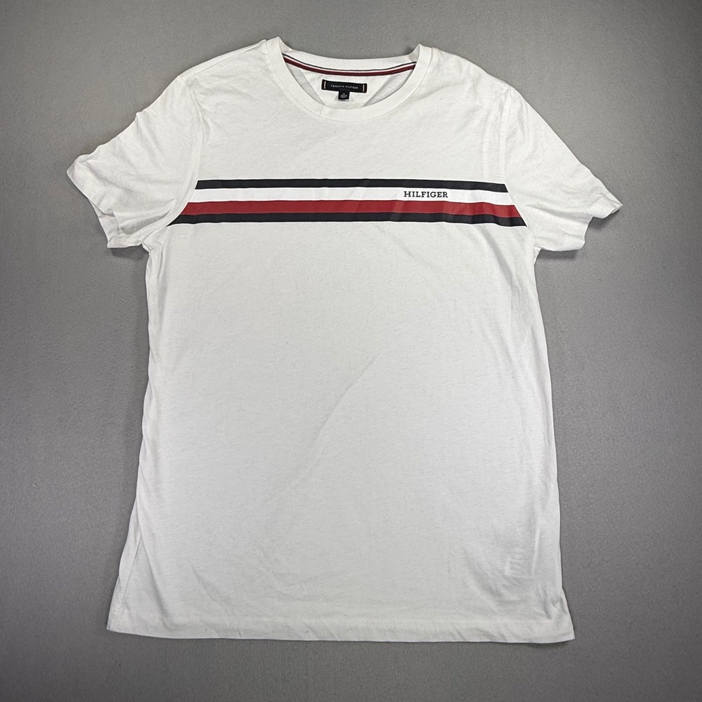 Tommy Hilfiger Mens XL White Graphic Stripe Logo Crew Neck Short Sleeve T-Shirt - Picture 1 of 6